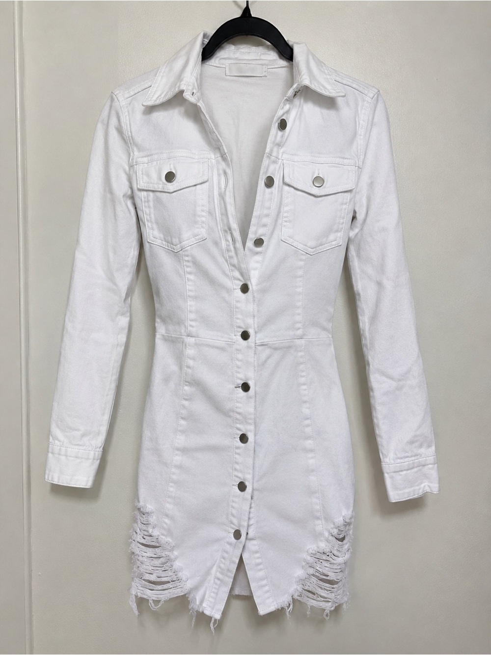 Fashion Nova White Distressed Denim Shirt Dress